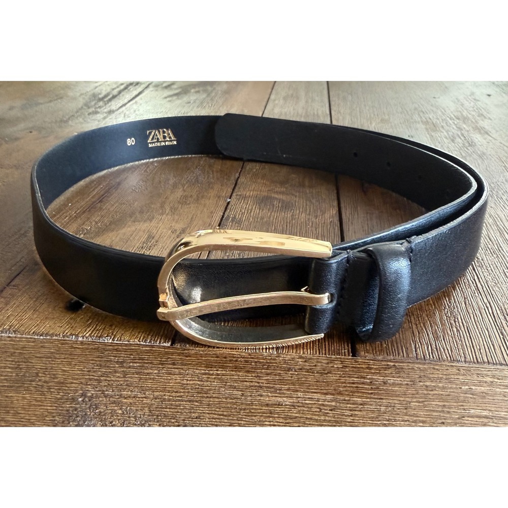 Zara Gold Buckle Black Leather Belt Made in Spain Size 80